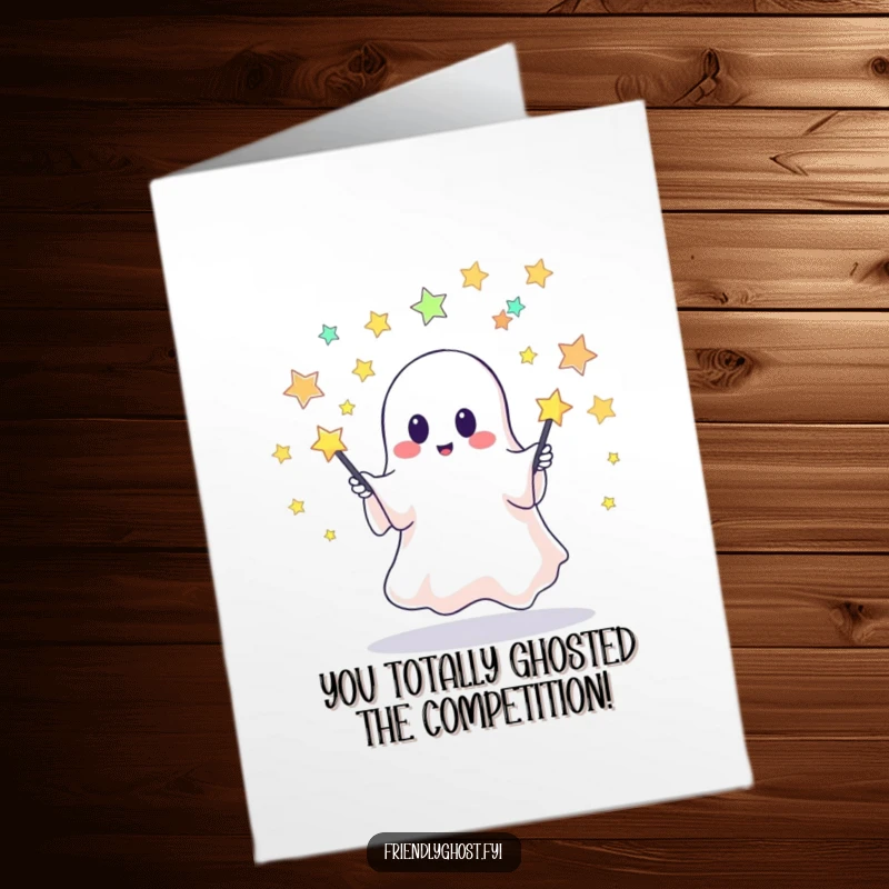 Funny Free Printable Congratulations Card: An adorable ghost gleefully juggles pins made of shimmering stars