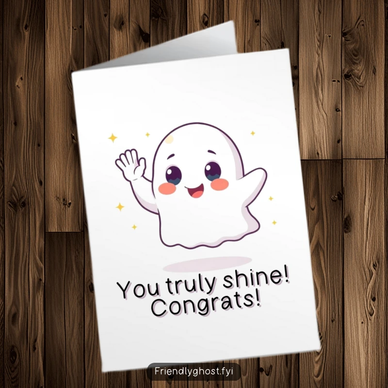 Funny Free Printable Congrats Card: A happy ghost waves energetically, leaving a trail of glittery dust, celebrating an outstanding accomplishment, print at home.