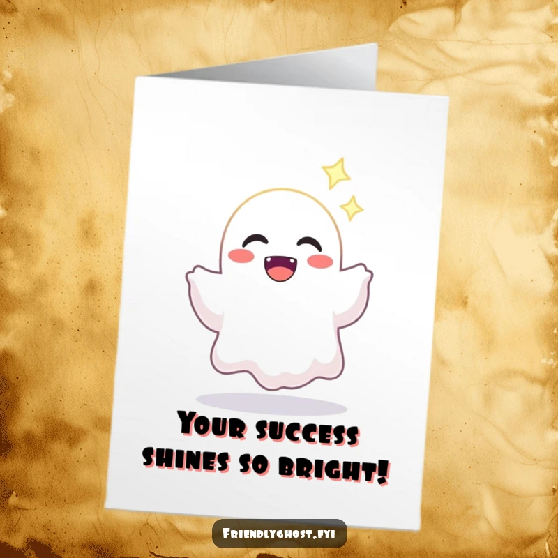 Funny Free Printable Congratulations Card: A joyful ghost offers a sparkling light, celebrating success. Bright downloadable art.