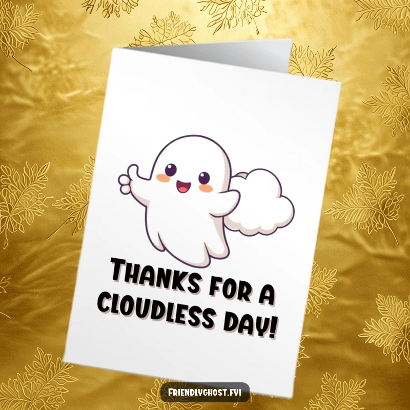 Funny Free Printable Thank You Card: A happy ghost gives thumbs up beside a cloud, expressing thanks. Cheerful art.