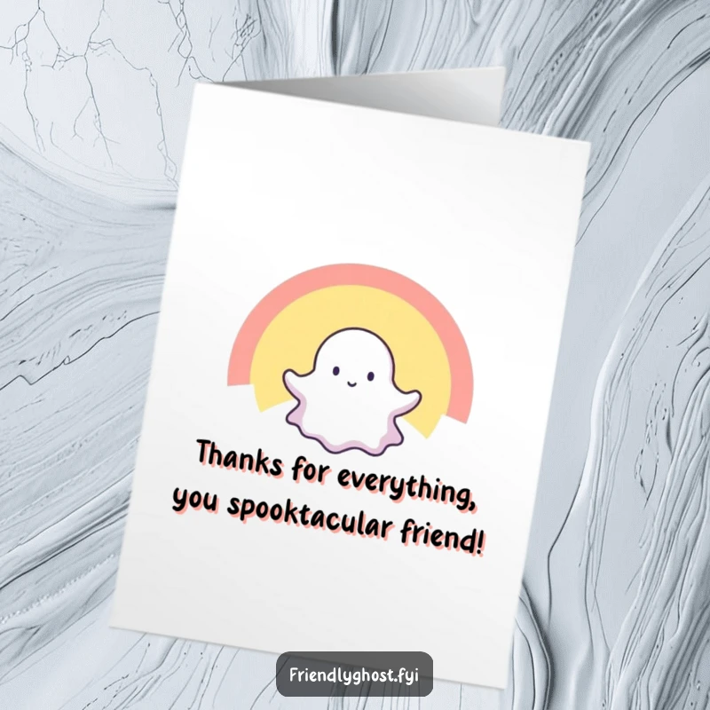 Funny Free Printable thank you card showcasing a tiny ghost happily drifting through an awe-inspiring, radiant rainbow.