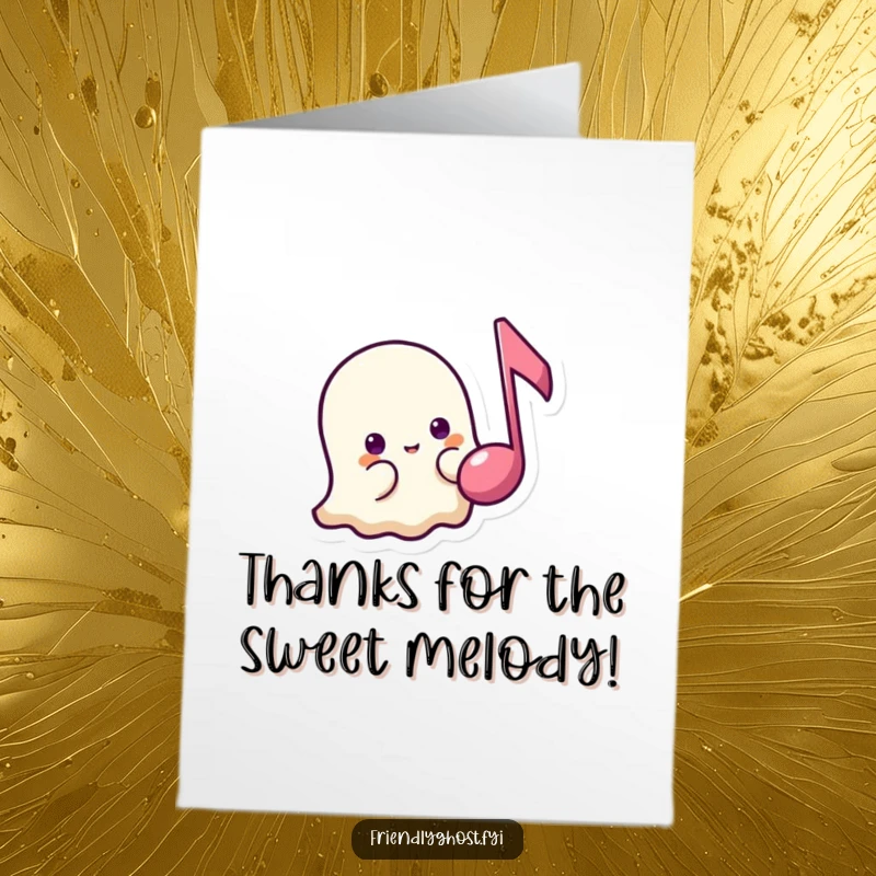 Funny Free Printable Thank You card: a shy ghost peeks from behind a music note, a sweet and humorous way to say thanks.