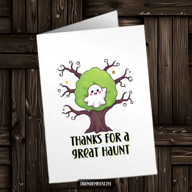 Funny Free Printable Thank You Card featuring a friendly ghost waving goodbye from a spooky tree, offering thanks with a unique and charming image.