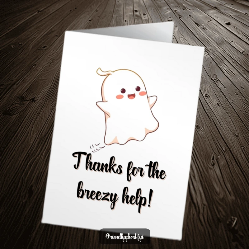 Funny free printable thank you card: Ghost gleefully riding a playful gust of wind, sending a cheerful thank you message.