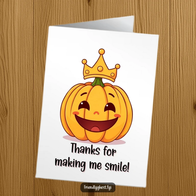 Funny Free Printable Thank You Card: Surprised pumpkin with a playful grin and lopsided crown, conveying thanks humorously.
