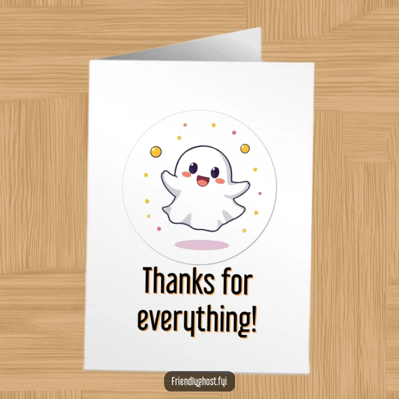 Funny Free Printable Thank You Card: Round ghost spinning joyfully, perfect for a hilarious and thankful DIY gift.