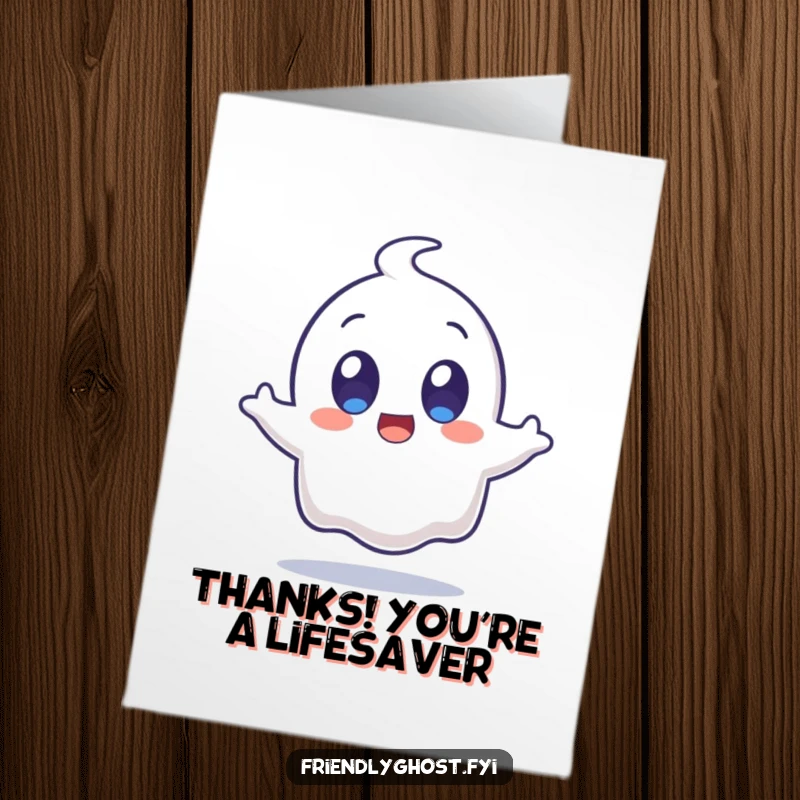 Free Printable Thank You Card: A startled ghost character with enormous eyes jumps enthusiastically, a funny way to say thanks.