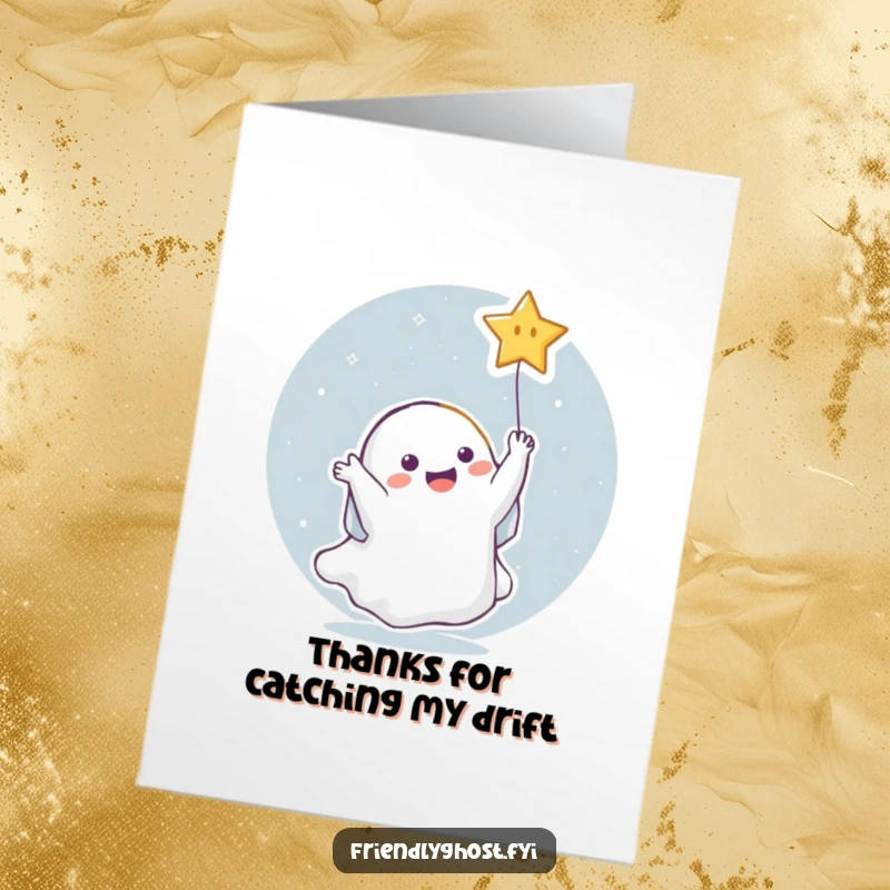 Funny free printable thank you card: a ghost happily catches a shooting star.