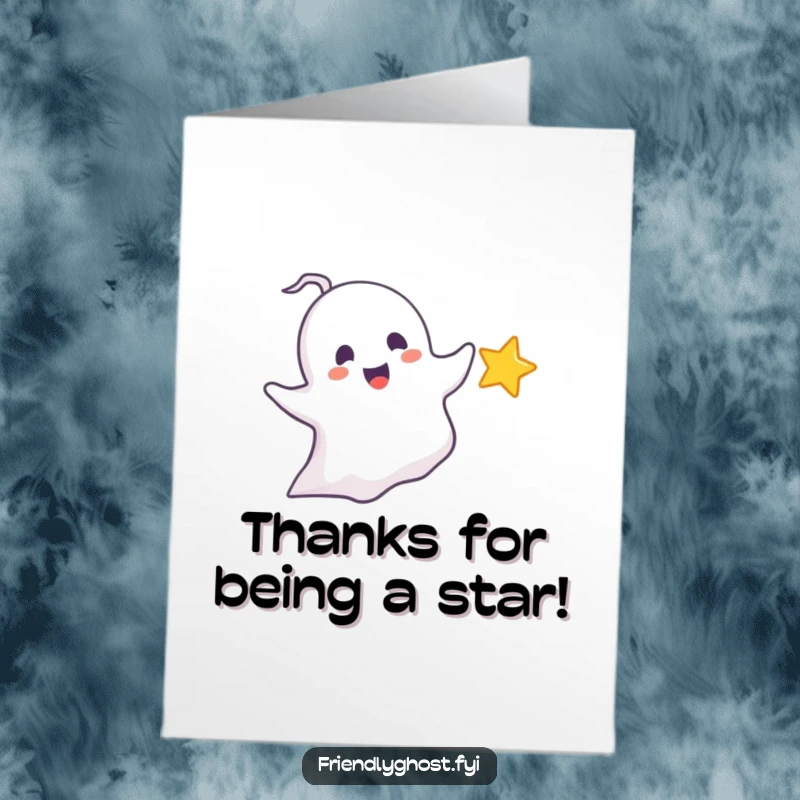 Funny Free Printable Thank You card: a delighted ghost playfully chases a tiny, sparkling star, a stellar way to express thanks.