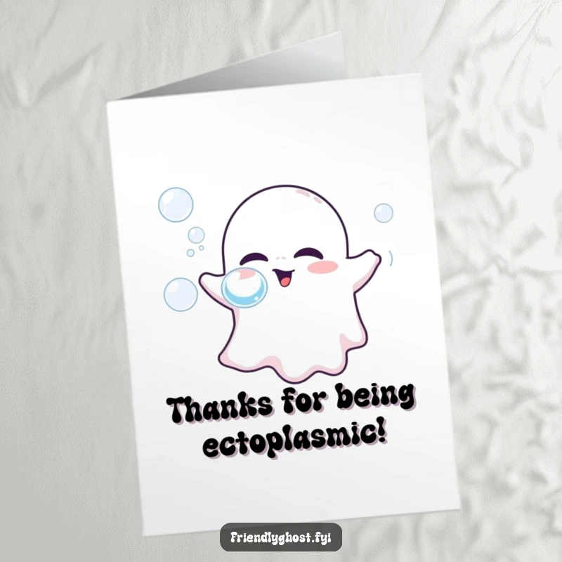 Funny Free Printable Thank You Card: A sweet ghost playfully exhales a cluster of translucent bubbles as a gesture of thanks.