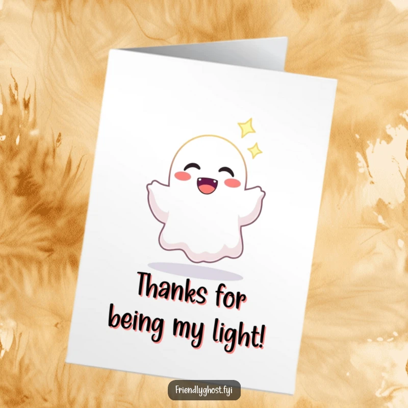 Funny Free Printable Thank You Card: A joyful ghost offers a sparkling light, showing thanks. Bright art.