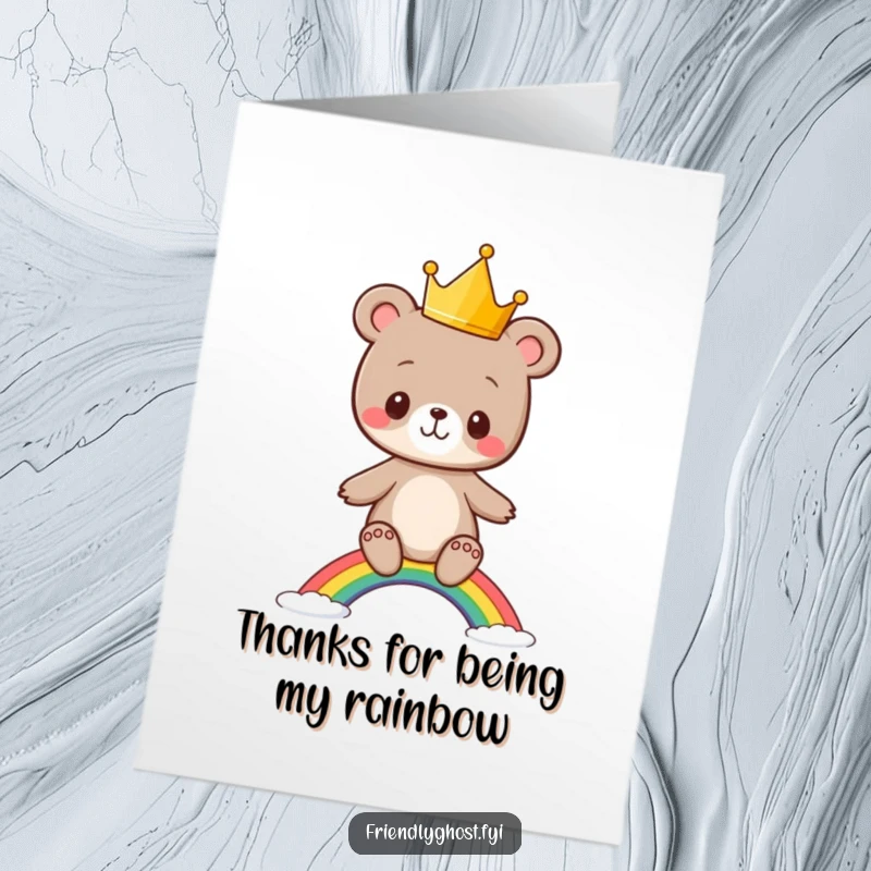 Funny Free Printable Thank You Card: Adorable bear cub in crown on rainbow, expressing gratitude playfully.