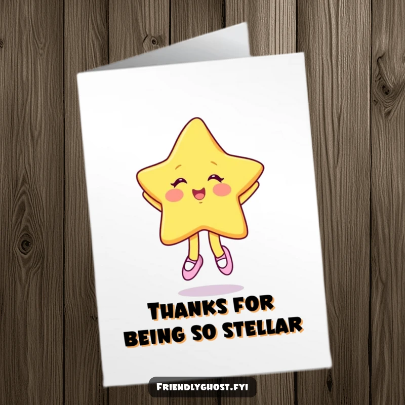 Funny Free Printable Thank You Card: A giggling star wearing ballet slippers, sending thanks with a twirl.