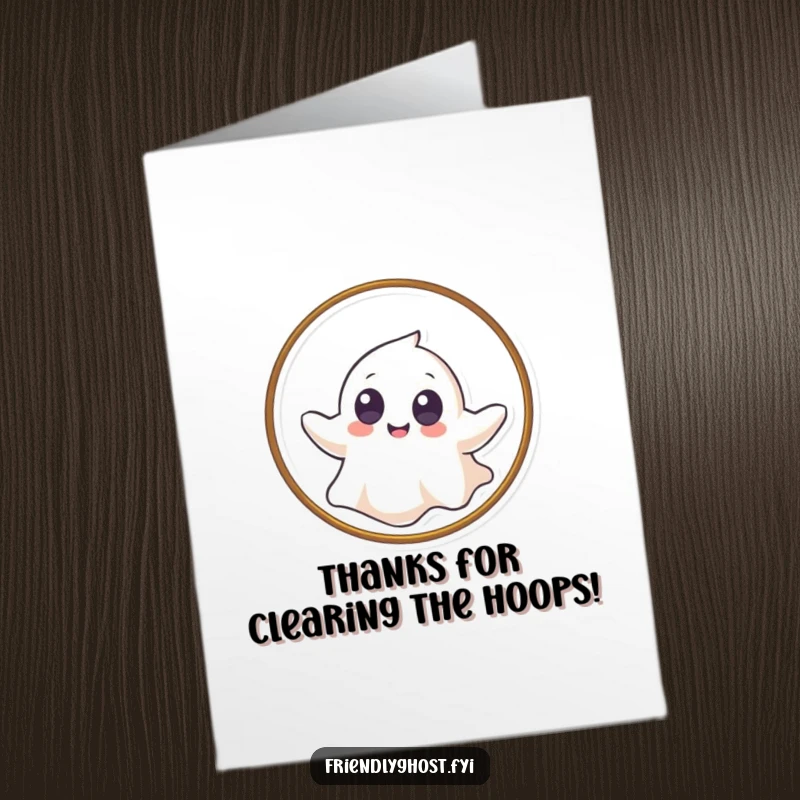 Funny Free Printable Thank You Card: A giggling ghost floats through a hoop, conveying thanks. Playful art.
