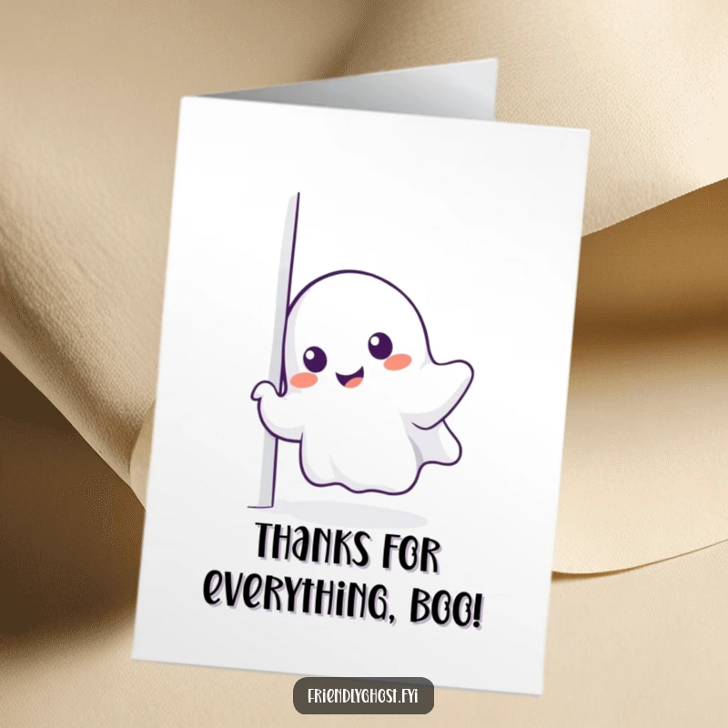 Funny Free Printable Thank You Card: Adorable ghost peeking around a corner with a smile, expressing thanks humorously.