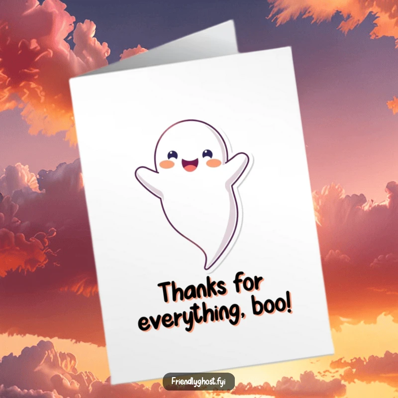 Funny Free Printable Thank You card: a happy ghost floats upside down, offering a unique and humorous expression of thanks.