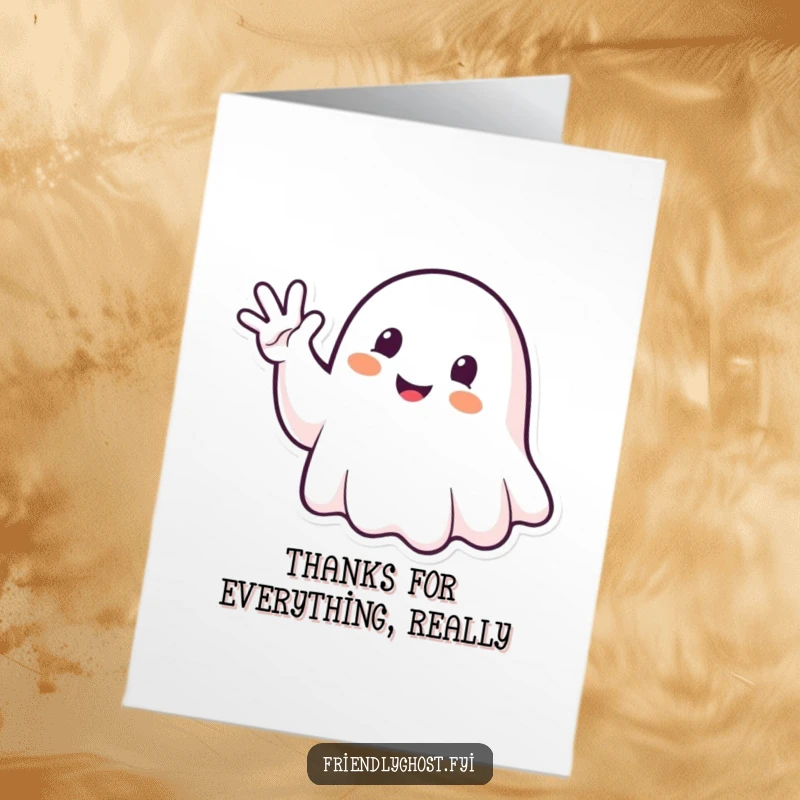 Funny Free Printable Thank You Card: Happy ghost character waving enthusiastically with a spectral hand, sending warm and friendly thanks, DIY.