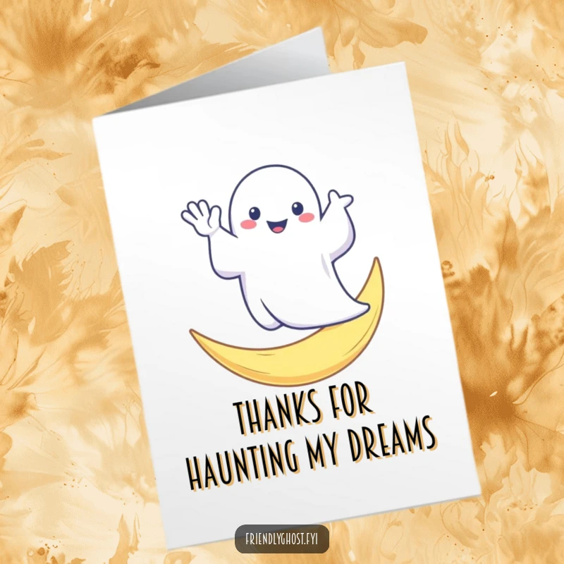 Funny Free Printable Thank You Card: A smiling ghost waves from a moon, conveying thanks spectrally.