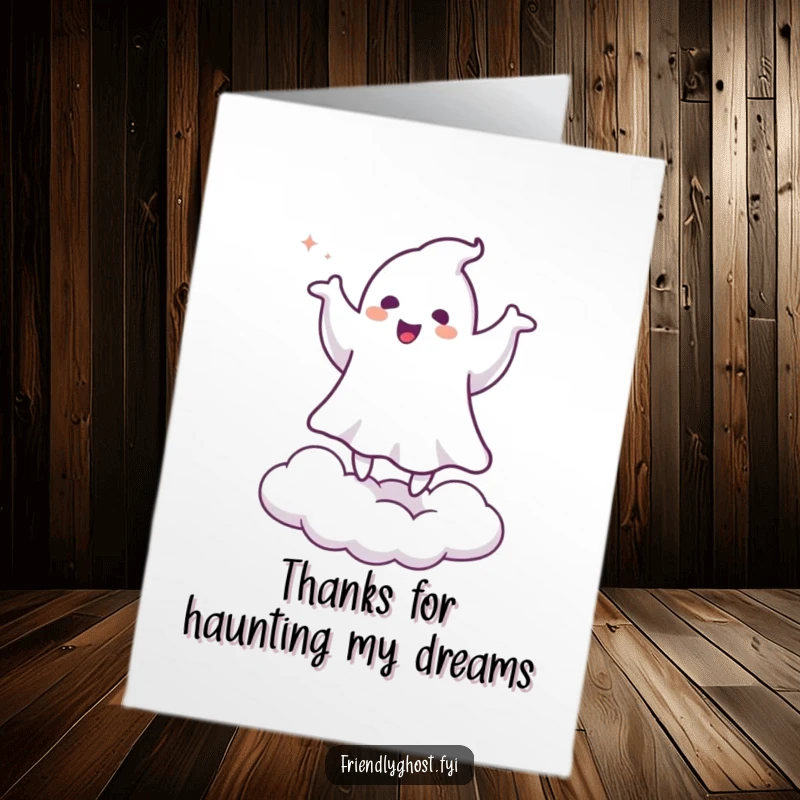 Funny Free Printable Thank You Card: Ghost doing a happy little jig on a cloud, expressing thanks.