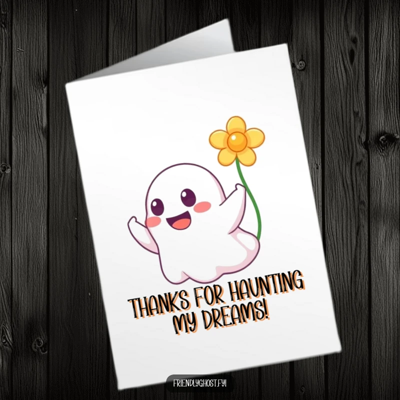 Funny Free Printable Thank You Card: A grinning ghost playfully boops a flower, showing thanks. Easy to print at home.