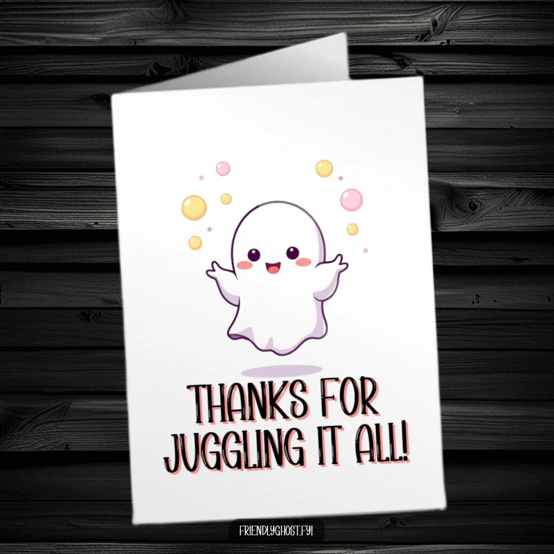 Funny Free Printable Thank You Card: A tiny ghost character juggling small, radiant, glowing orbs with skill.