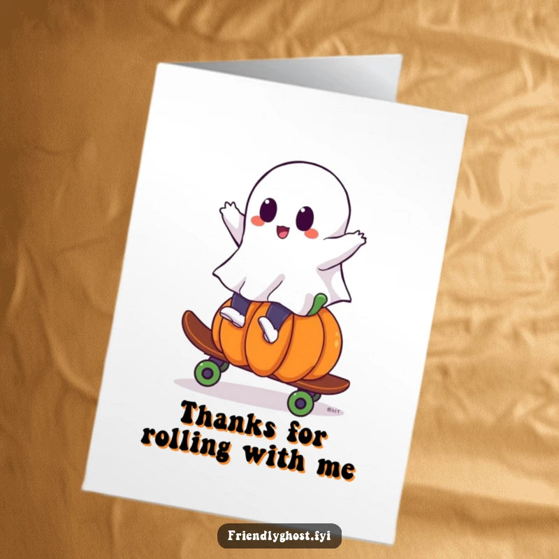 Funny Free Printable Thank You Card with a ghost skateboarding on a pumpkin, expressing thanks with playful energy and style.