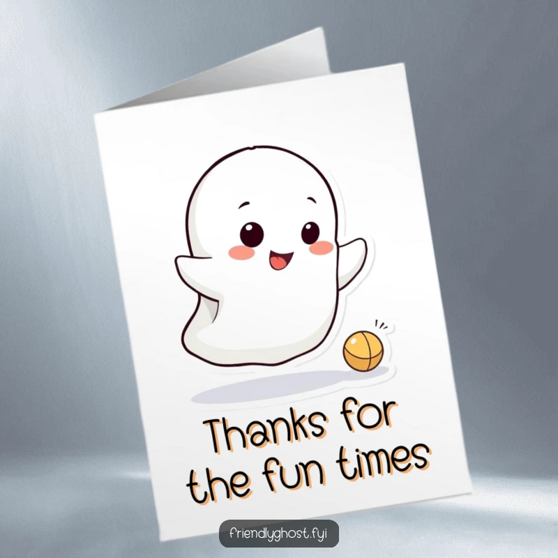 Funny Free Printable Thank You Card: A small ghost with a mischievous grin playfully bounces a tiny ball, offering a fun and spirited thank you.