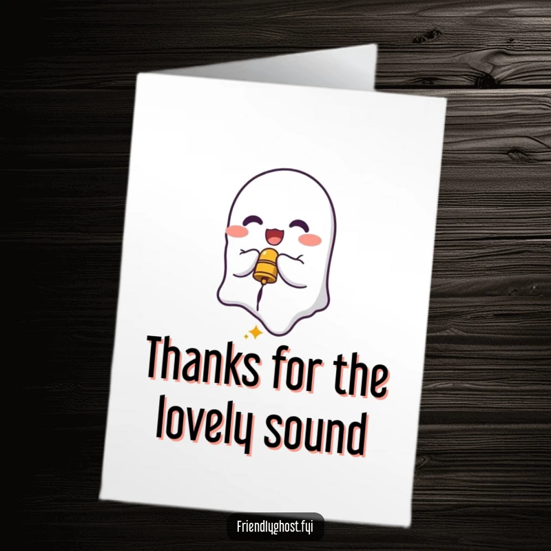 Funny Free Printable Thank You Card: Delighted ghost character ringing a small bell, conveying thanks with a charming, festive sound, DIY.
