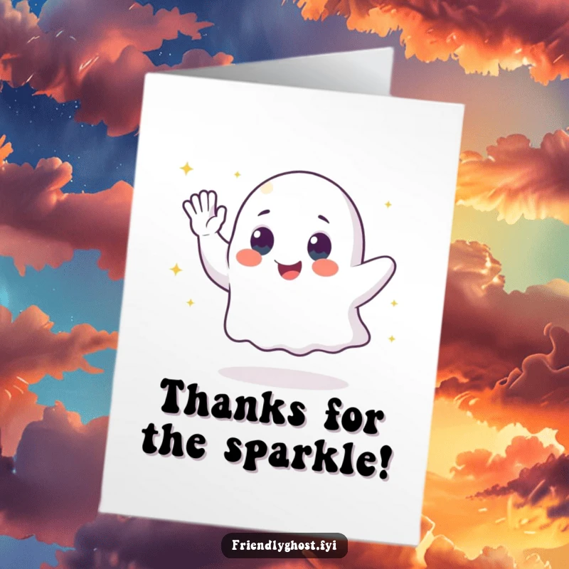 Funny Free Printable Thank You Card: A cheerful ghost waves, leaving behind a beautiful trail of sparkling dust, expressing thanks with magic, print at home.