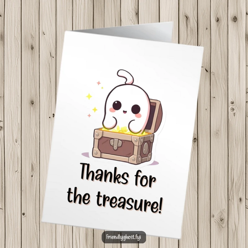 Funny Free Printable Thank You Card: Ghost with curious eyes peeking into a treasure chest.