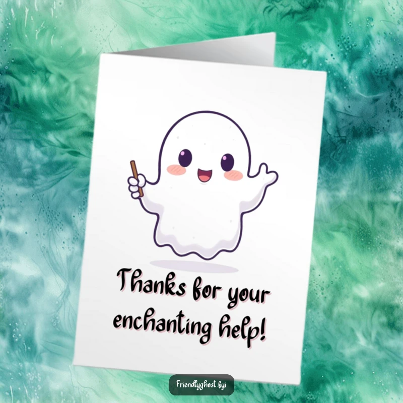 Funny Free Printable Thank You Card: A translucent ghost happily waves a glowing wand, expressing thanks. Magical art.