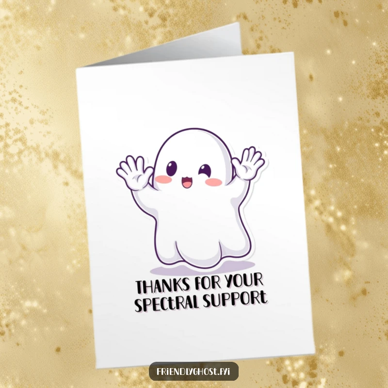 Funny free printable thank you card: a happy ghost waves enthusiastically with its clear hand.