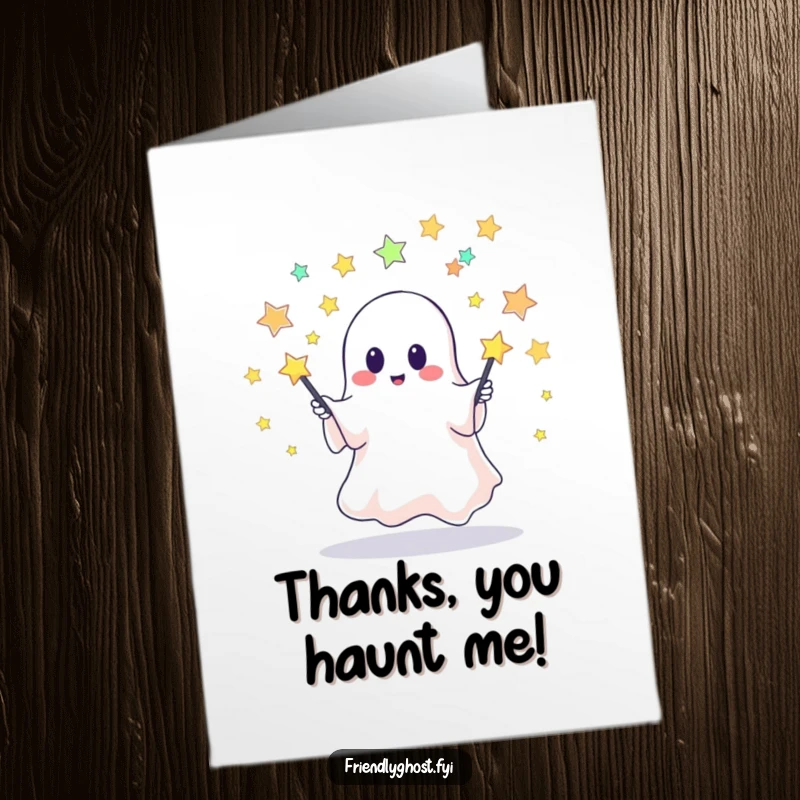 Funny Free Printable Thank You Card: A cute, floating ghost juggles pins that look like tiny, bright stars
