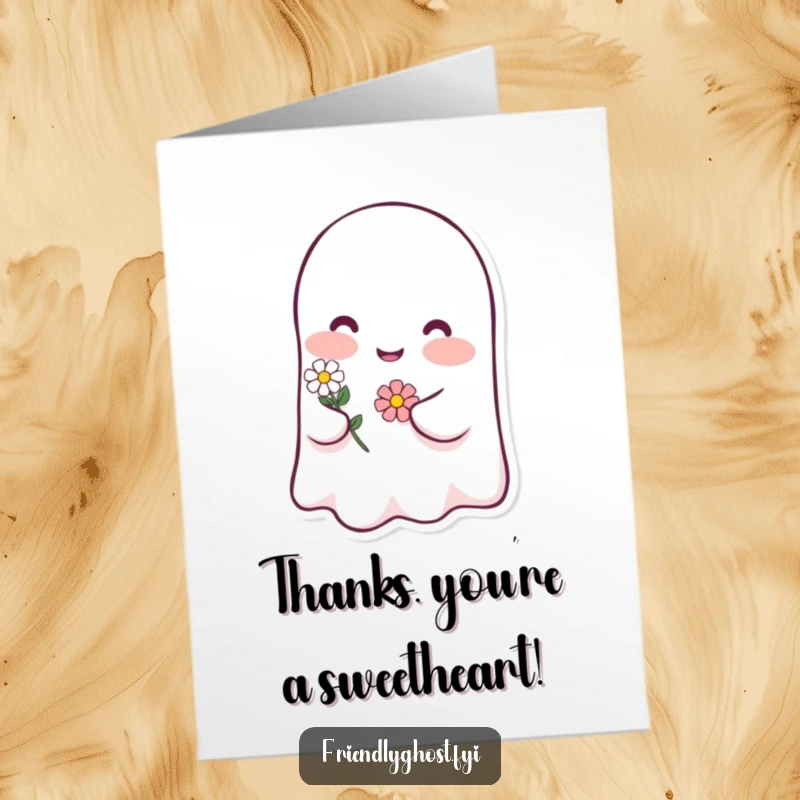 Funny Free Printable Thank You Card: A happy ghost character blushing pink, holding a small, pretty flower.