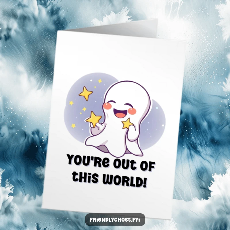 Funny Free Printable Thank You Card: A happy ghost child holding a twinkling star, giggling with thanks.