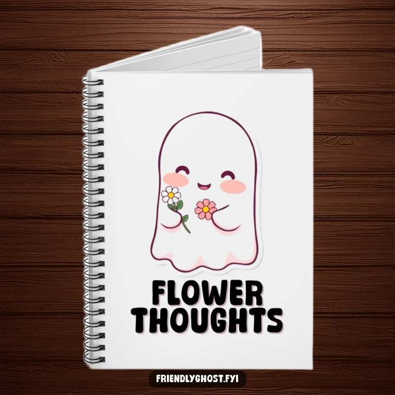 Funny ghost blush notebook with a happy character blushing pink and holding a tiny flower, a humorous and functional stationery item gift.