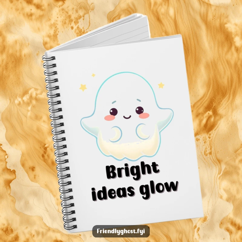 Funny notebook cover showing a ghost character emitting a warm, comforting glow with a gentle expression, perfect for jotting down peaceful thoughts.