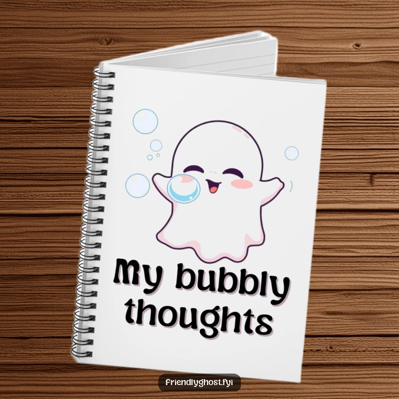 Funny notebook cover featuring a friendly ghost blowing colorful bubbles, great for jotting down notes with a whimsical theme.