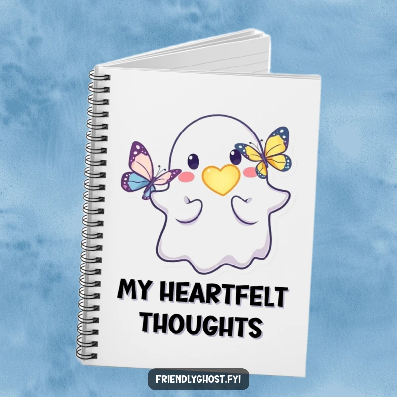 Funny friendly ghost notebook with a kind character offering a glowing heart to a butterfly.