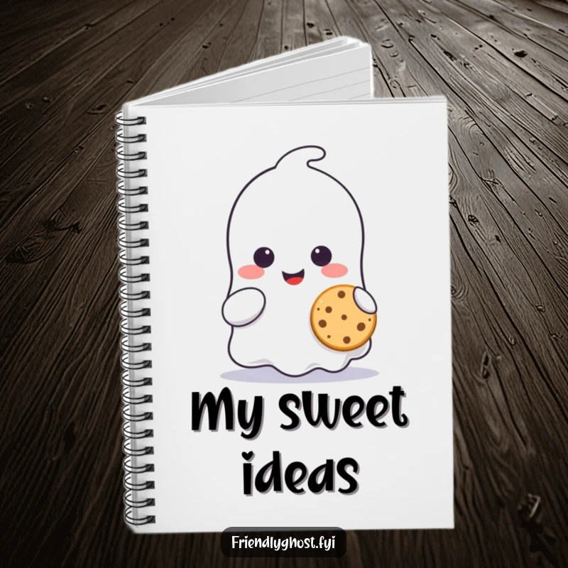 Funny ghost character notebook, smiling and sharing a tiny cookie, perfect for capturing sweet memories and ideas.