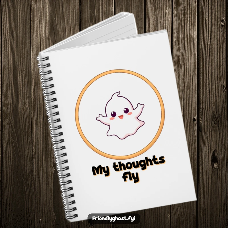 Funny ghost notebook depicting a ghost skillfully passing through a hoop, ideal for jotting down thoughts and plans.