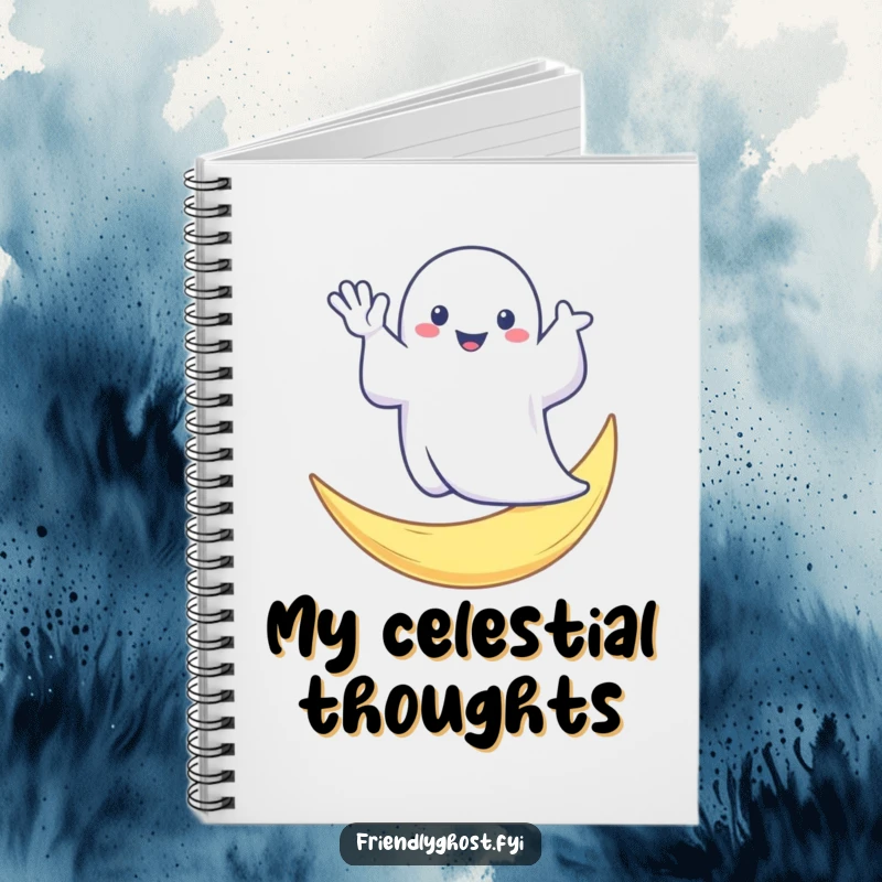 Funny notebook with a friendly ghost waving from a crescent moon, ideal for writing, drawing, and capturing humorous ideas.