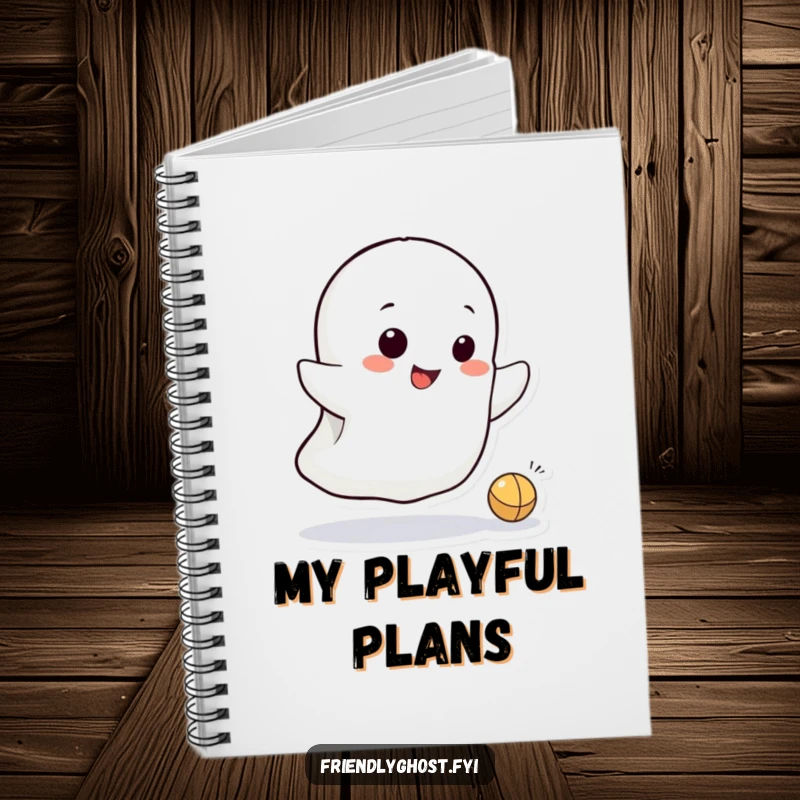 Funny notebook cover design of a mischievous ghost character bouncing a tiny ball, inspiring playful thoughts and creative ideas.