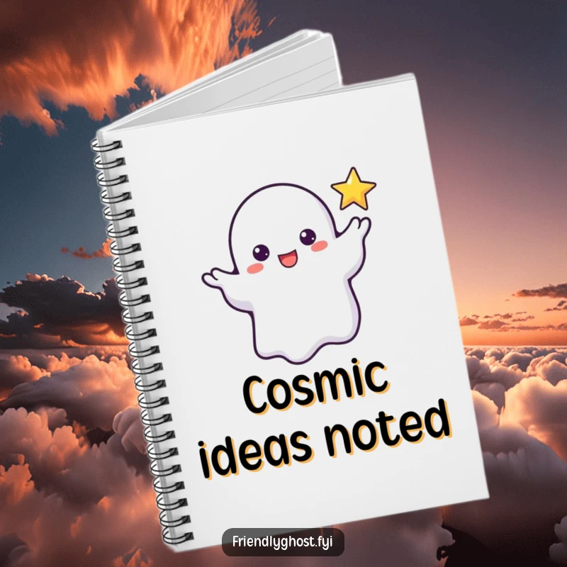 Funny notebook cover with a friendly ghost reaching a wispy hand towards a tiny star, inspiring magical thoughts and notes.