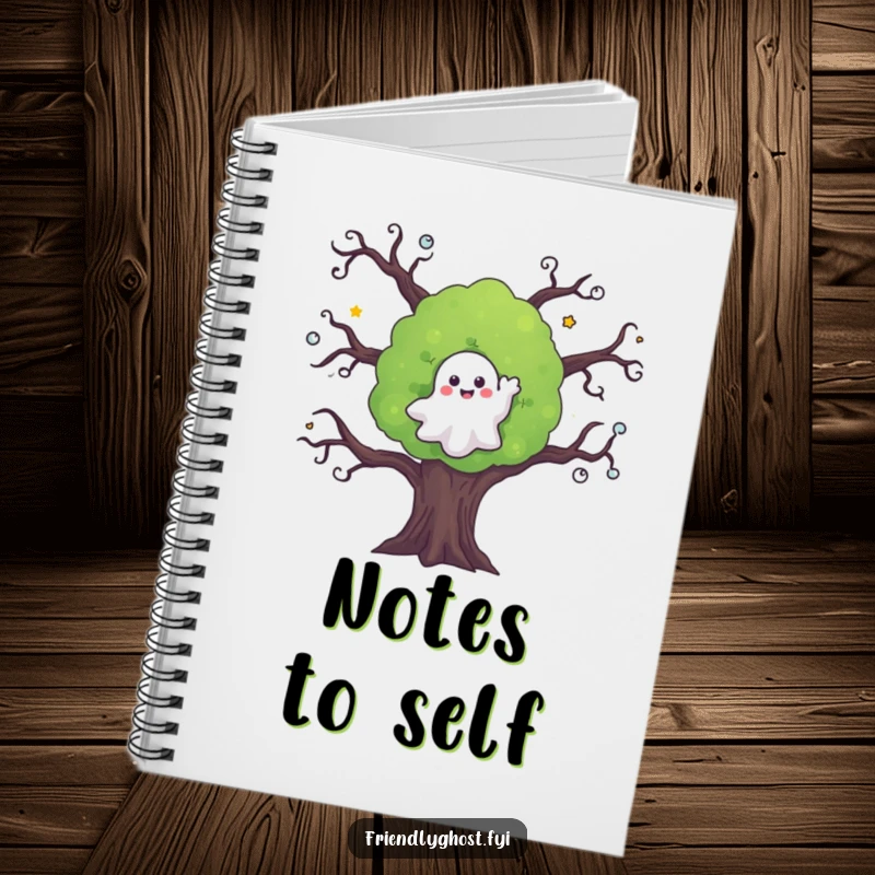 Funny ghost notebook featuring a friendly ghost waving from a spooky tree, ideal for notes, sketches, and daily journaling.