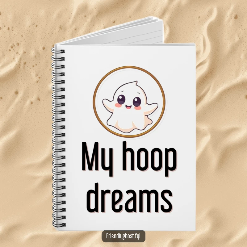 Funny notebook featuring a giggling ghost with big eyes gently floating through a hoop, ideal for creative writing.