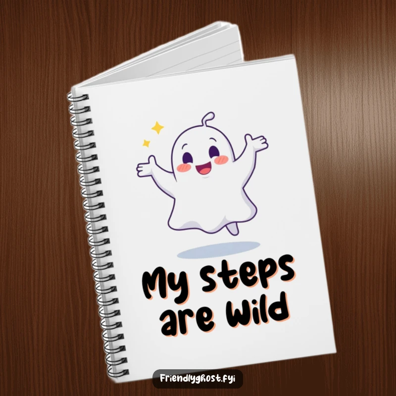 Funny notebook cover with a joyful ghost doing a silly, wobbly dance, inspiring spectral creativity and rhythmic notes.