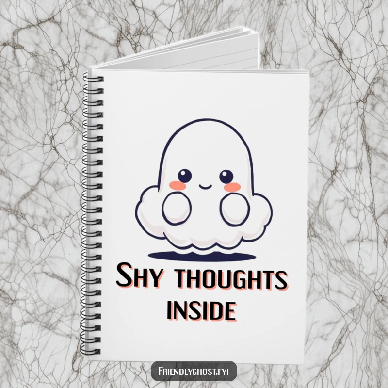 Funny notebook showing a shy ghost character peeking from behind a tiny, smiling cloud.