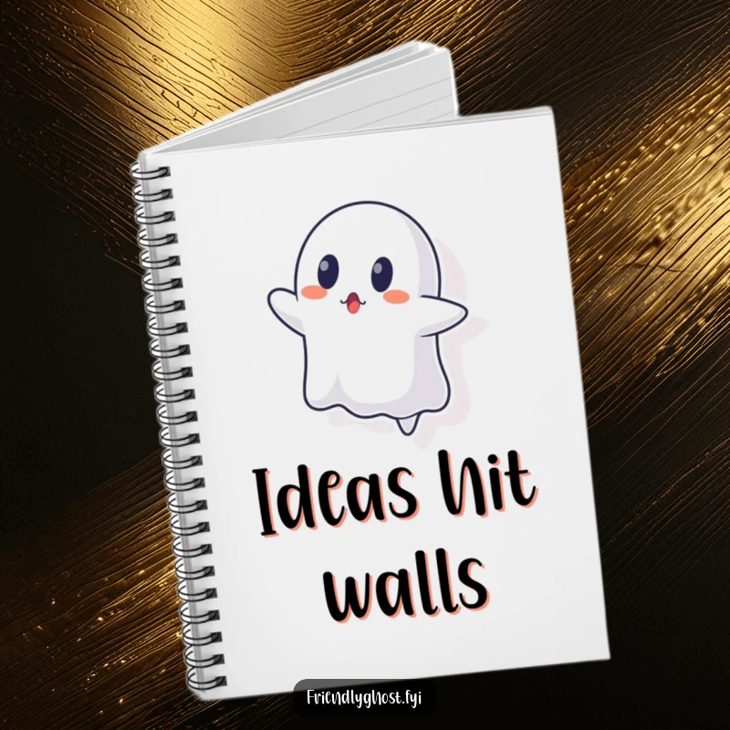 Funny ghost notebook with a ghost character looking surprised, attempting to float through a wall.