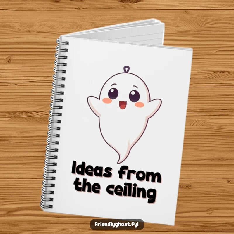 Funny notebook cover with a ghost character giggling upside down, radiating innocent, comical joy for your writing needs.